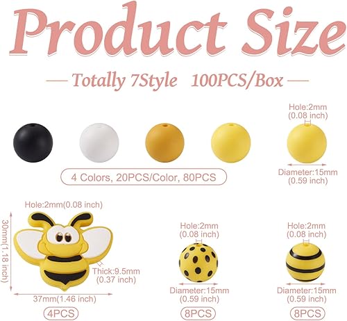 Miniatura 3 de Beadthoven - 100 cuentas de silicona de abeja de 0.59 pulgadas (0.591 in), bolas redondas amarillas de silicona, llavero de cuentas para pulseras y