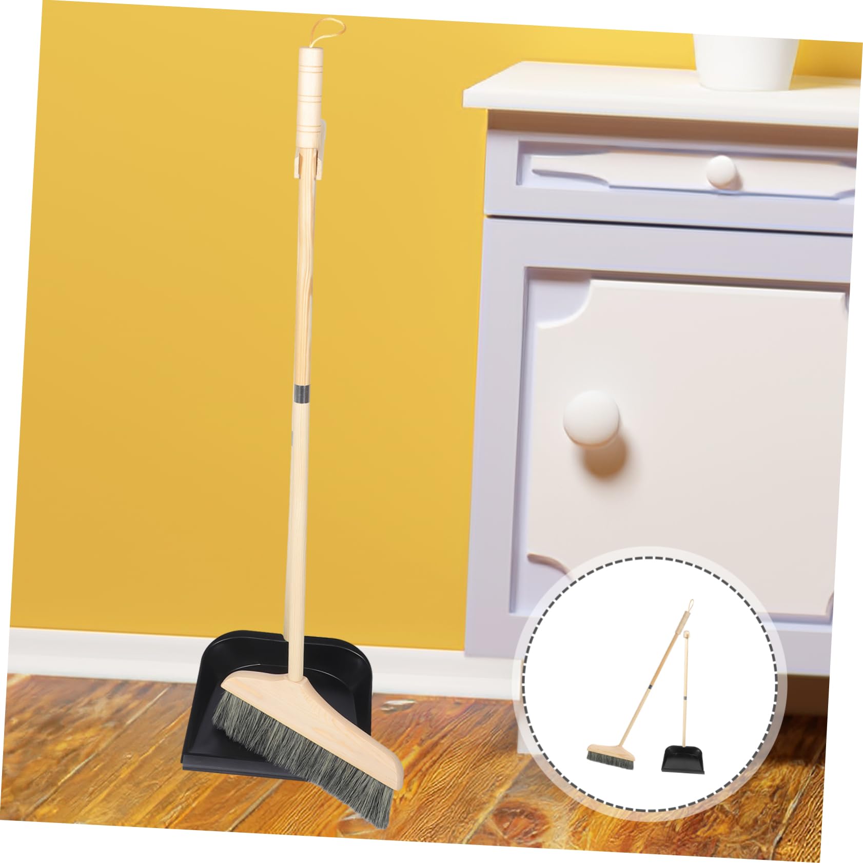 Healeved Juego de Escoba y Recogedor Diseño Ergonómico Resistente al Desgaste Mango Largo de Madera y Acero Inoxidable Adecuado para Centros Comerciales y Vestíbulos