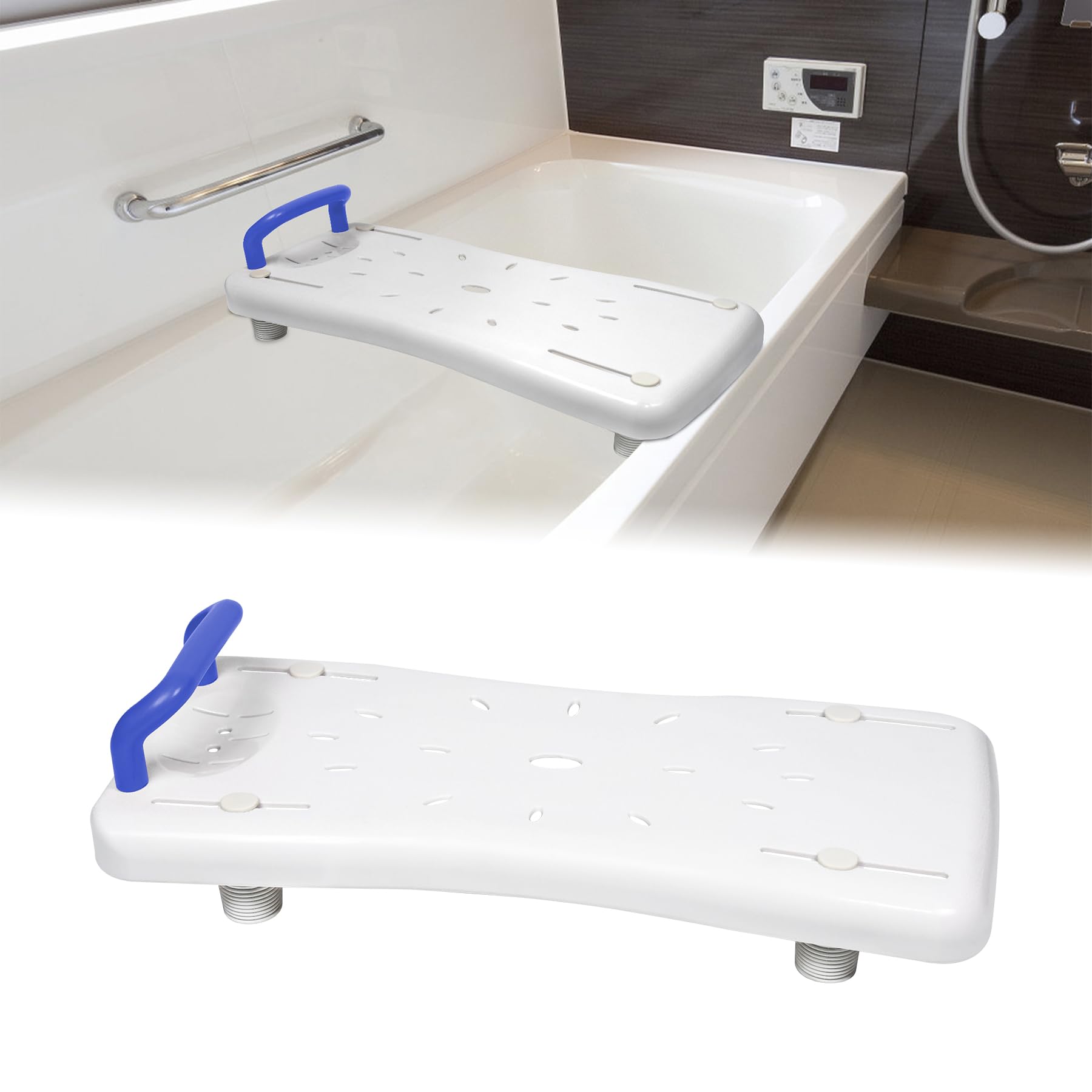 UISEBRT Sedile per vasca da bagno per anziani, asse per vasca da bagno, sedile per vasca con manico e portasapone, lunghezza 70 cm, bianco e blu