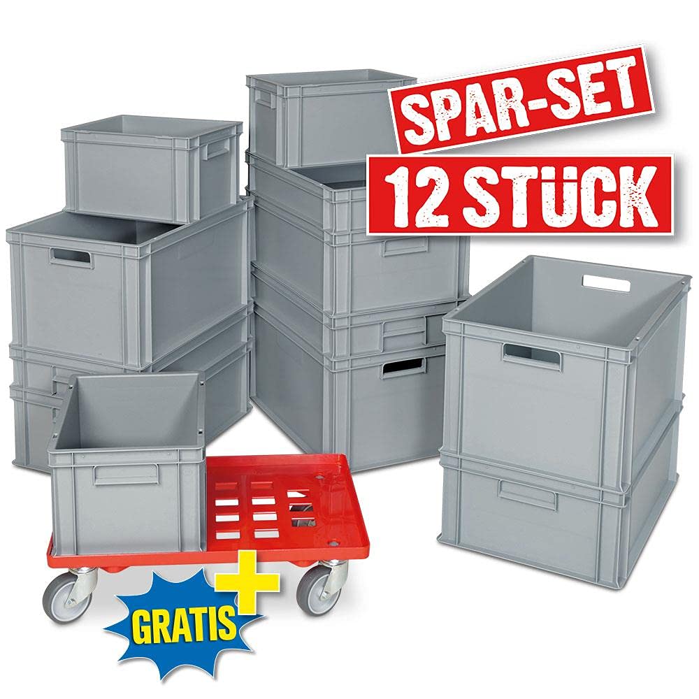 BRB Juego de 12 contenedores apilables Euro grises en 4 tamaños + 1 carrito de transporte