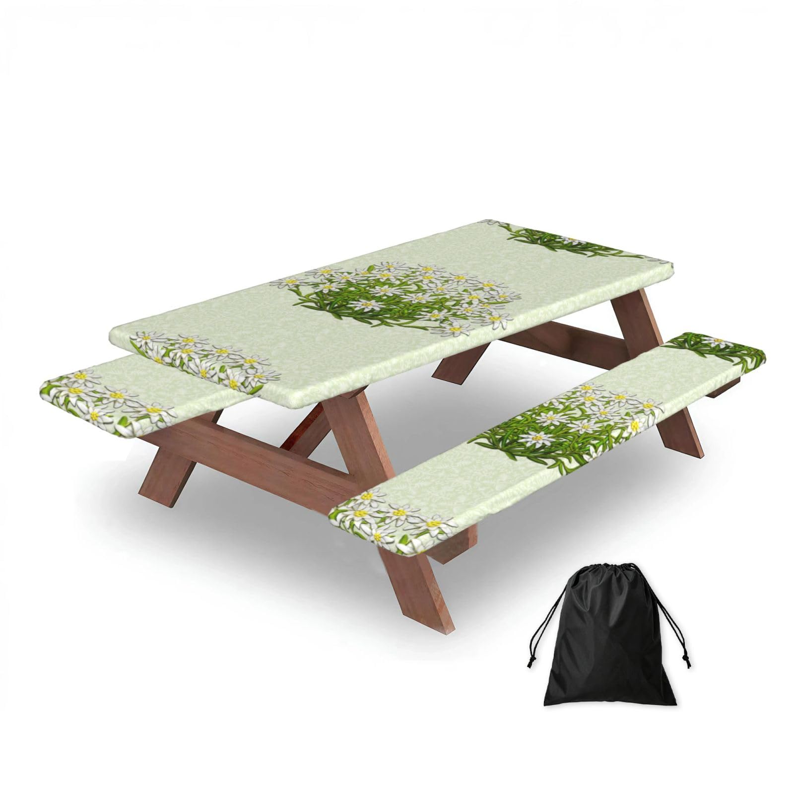 Edelweiss Swiss Mountain Flowers, Picnic Table Cover With Bench Covers -Waterproof Elastic Fitted Tablecloth for Garden Camping Patio 76x152cm