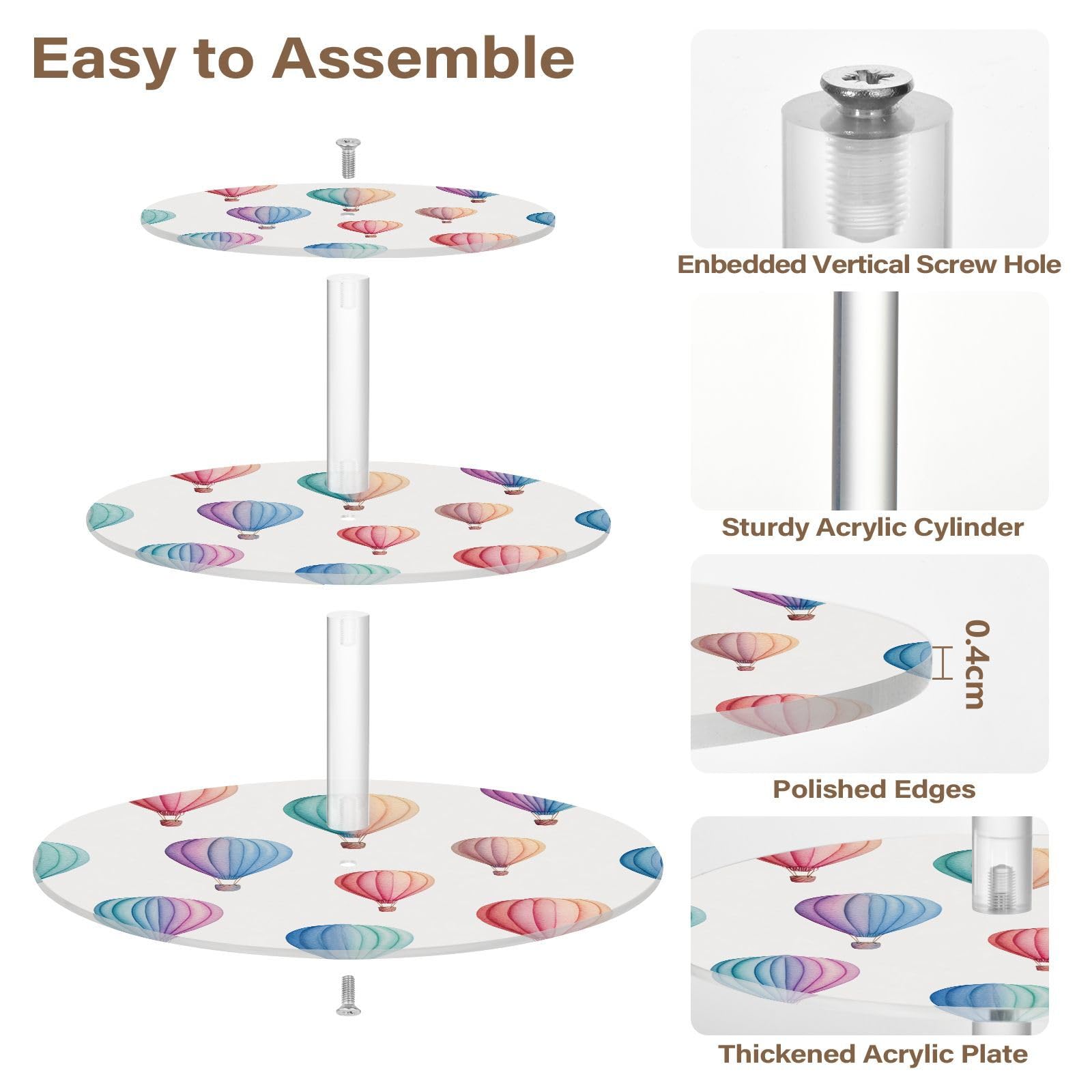 OTVEE 3 Tier Cupcake Stand Colorful Hot Air Balloons Acrylic Tiered Serving Cake Stand Dessert Tower Tray for Tea Party Wedding and Birthday