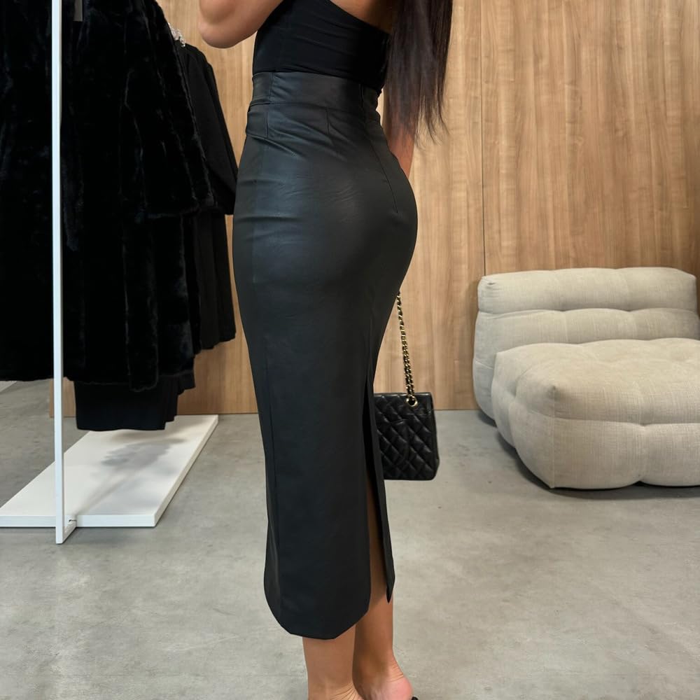 utcoco Bleistiftrock für Damen aus Kunstleder, lang, figurbetont, mit hoher Taille, Midilänge