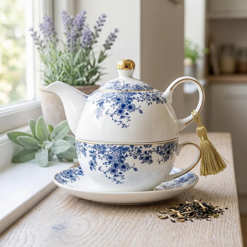 Tea for One Set Ceramic Teapot with Cup and Saucer Tassel Floral