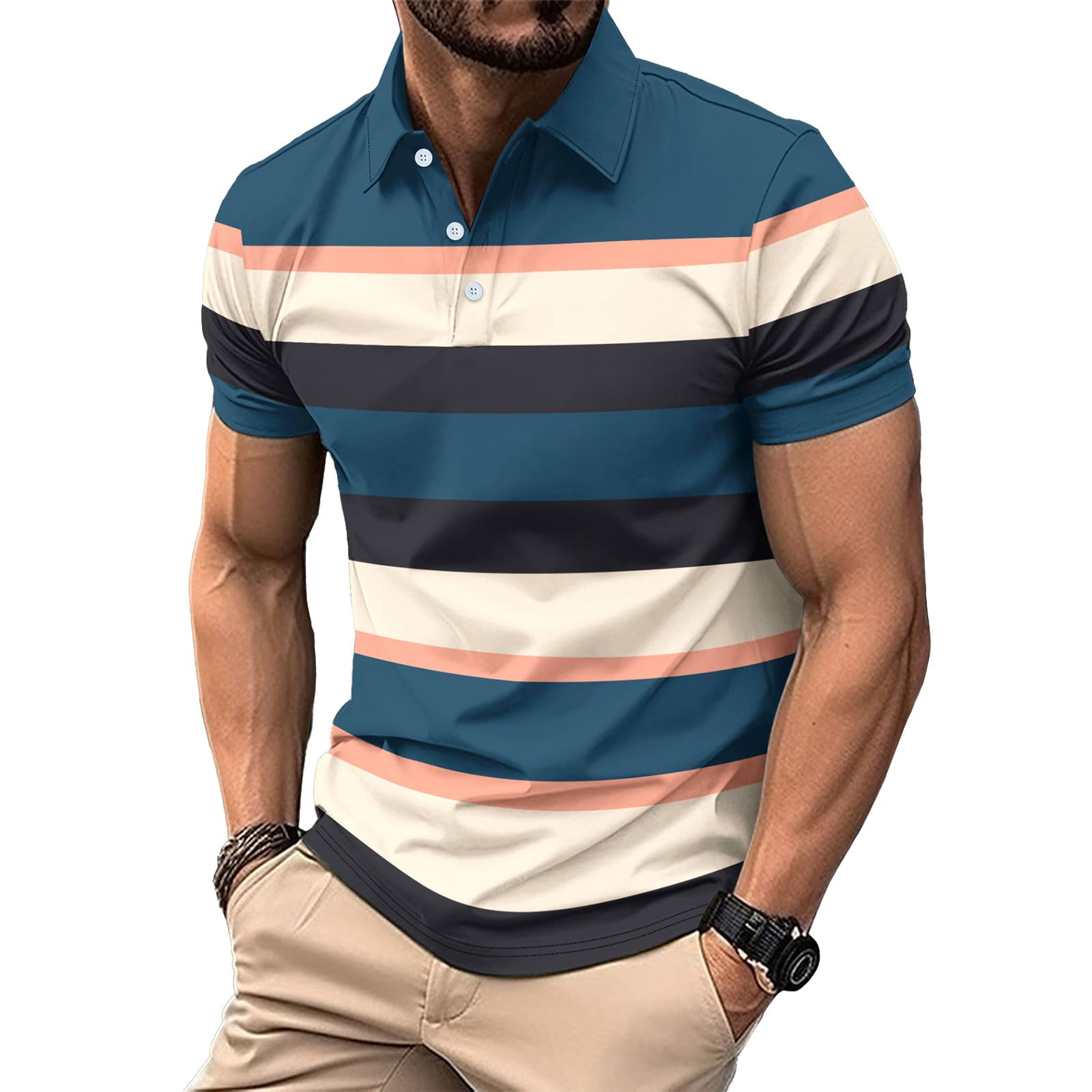 DEEX Men's Casual Polo Shirts Short Sleeve 2026 Stylish Stripe Summer Button T Shirt Lightweight Color Block Golf Slim Fit Shirts for Men with Collar Multicolor XL