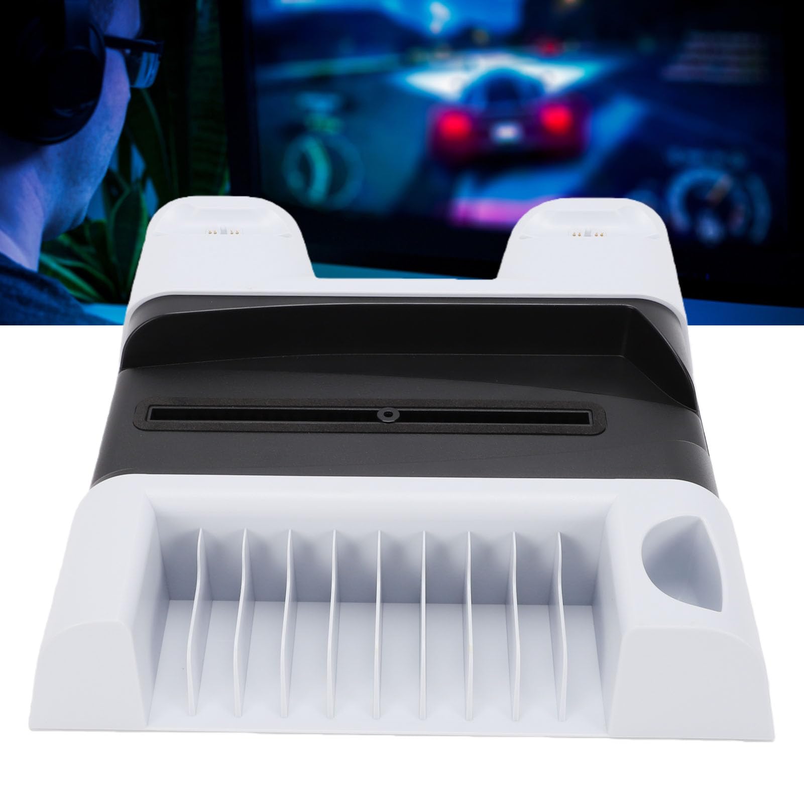 Plyisty Supporto di Raffreddamento Multifunzionale per Digital Disc Edition, con Ventola a 3 velocità e Caricatore Doppio Controller, Spazio per 10 Dischi di Gioco, Vite di Bloccaggio