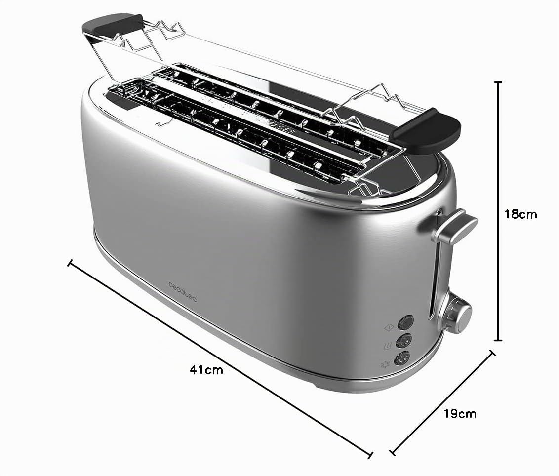 Cecotec Toast&Taste 1600 Retro Double Inox Tostapane, 4 fette, 1630 W, 2 fessure larghe da 3,8 cm e lunghe, in acciaio inox, aste superiori, potenza regolabile, vassoio raccogli briciole