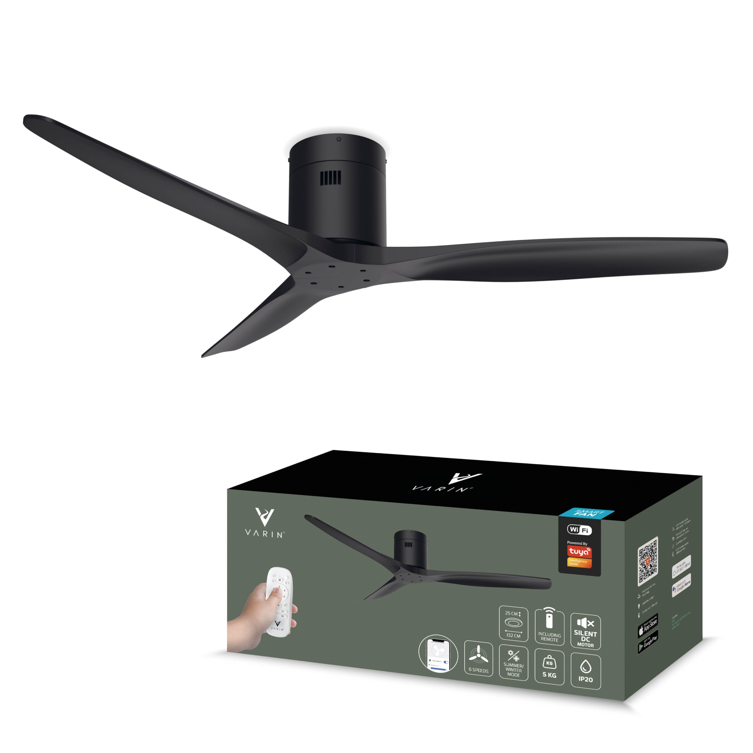Varin® Smart Deckenventilator, Tuya WLAN, Lange Flügel, 6 Geschwindigkeiten, Ventilator Leise 20 dB, Deckenventilator mit Fernbedienung und App, Ø 132 cm, Schwarz