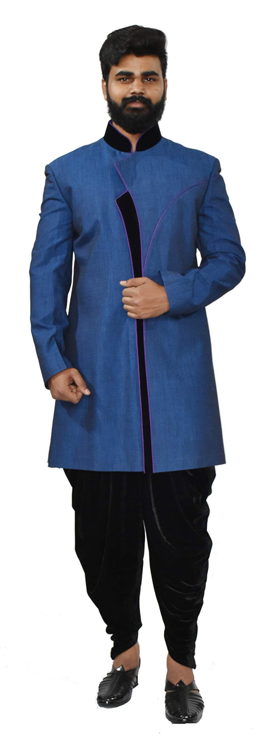 RAJ DESIGN STUDIO Men's Royal Blue Indowestern Black Touch with Black Harem