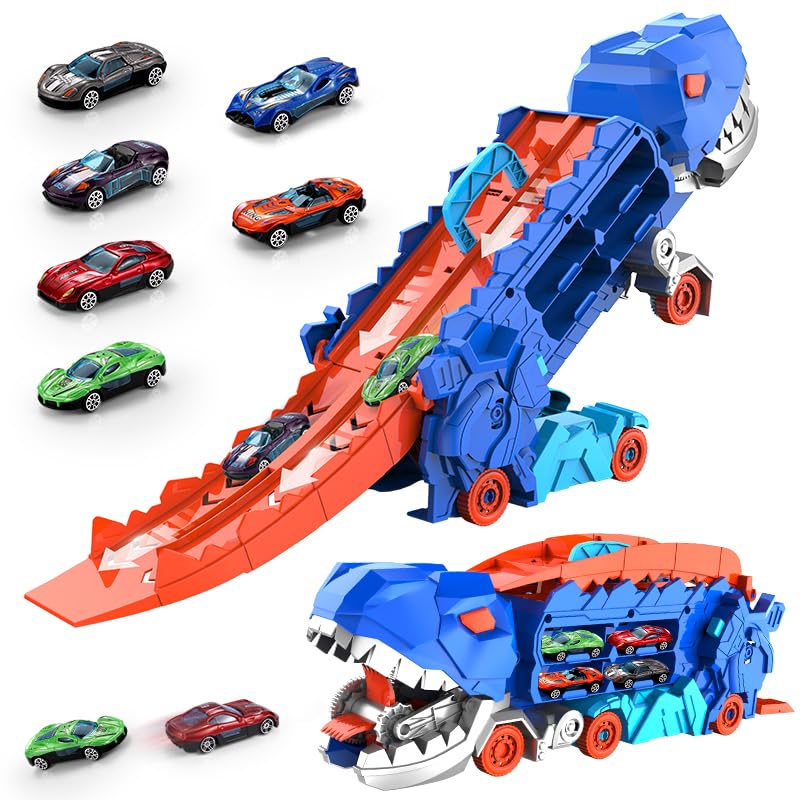 TIAONIAO Dinosaur Storage Truck Toy Swallowing Metal Car Transform into Stomping T-Rex with Sliding Cars