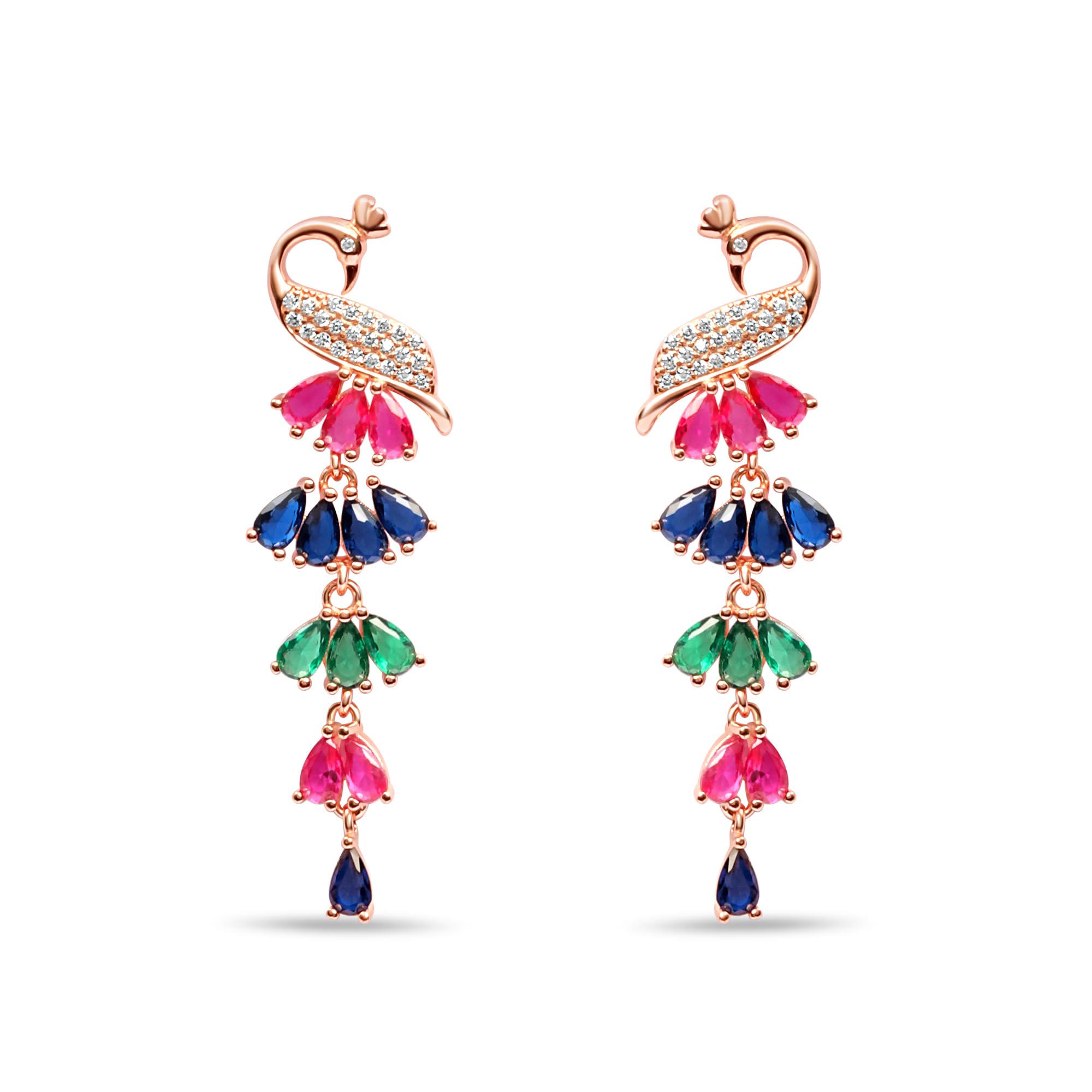 zavya 925 Sterling Silver Colorful Pecock CZ Rose Gold Plated Dangle Earrings | Gift for Women and Girls | With Certificate of Authenticity and 925 Hallmark-picture-15