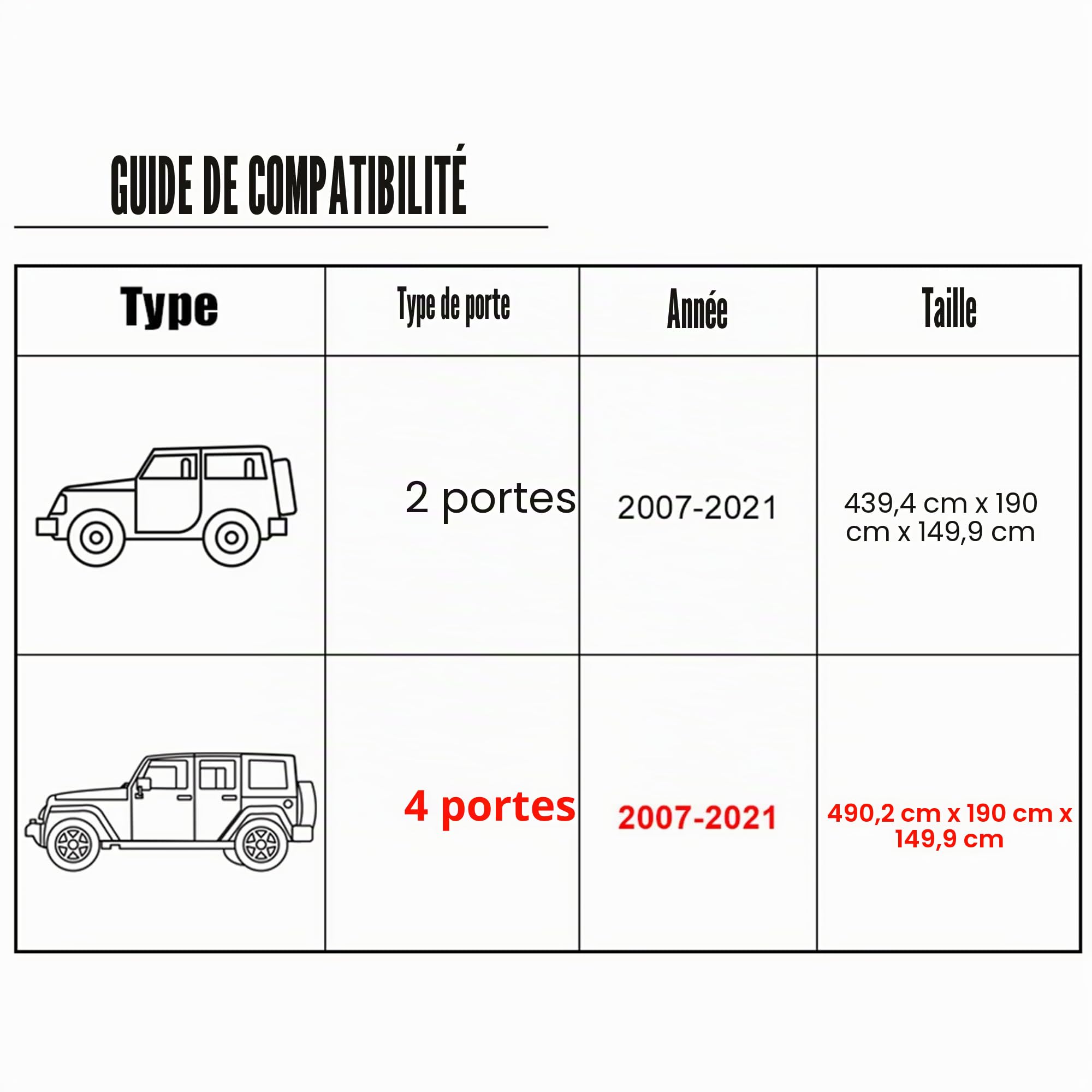 X AUTOHAUX Housse de voiture pour Jeep Wrangler JK JL YJ TJ 4 portes 2007-2023 - Étanche contre le soleil, la pluie, la poussière, le vent, la neige - Avec fermeture éclair pour porte conducteur, noir