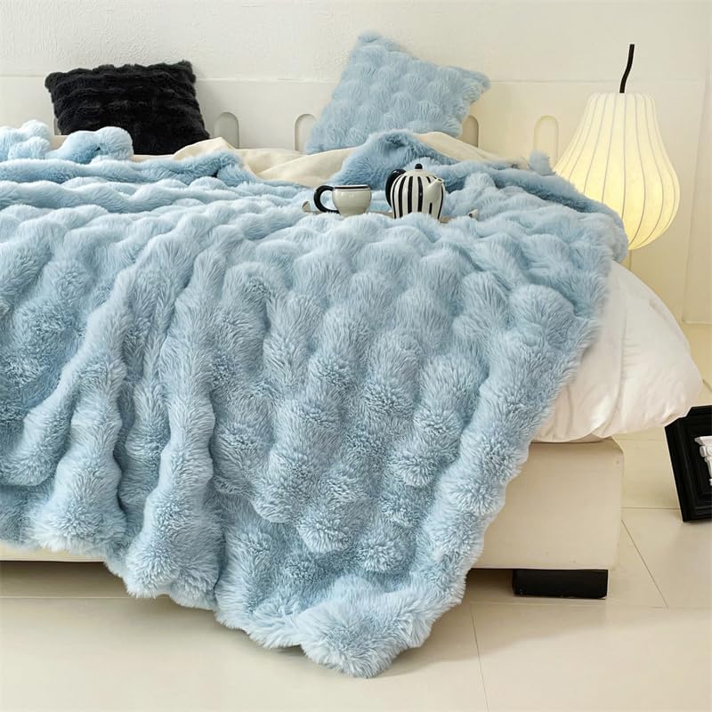 H&D Faux Fur Throw Blanket for Couch,Fluffy Cozy Soft Plush Luxury Thick Fuzzy Fleece Blanket for Couch Bed Sofa Bedroom Living Room,Comfy Bubble Blanket (LIGHTBLUE, Throw (50" x 60")) - Image 6