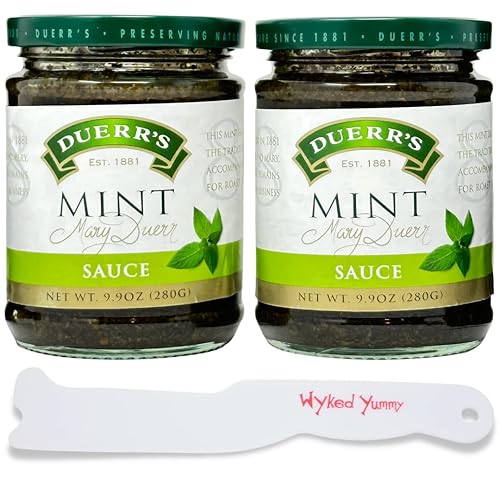 WYKED YUMMY Paquete de salsa de menta del Reino Unido con dos frascos de 9.9 oz (280 g) de salsa de menta de Duerr's con 1 cuchillo de plástico