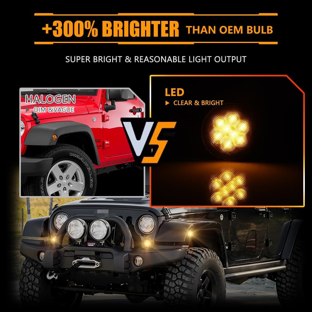 LED Turn Signal & Side Marker Lights for 2007-2019 Wrangler JK, [Upgraded] Smoked Lens Side Bumper Marker Lamps, JK Amber LED Side Markers Turn Signal Lights, 4 PCS