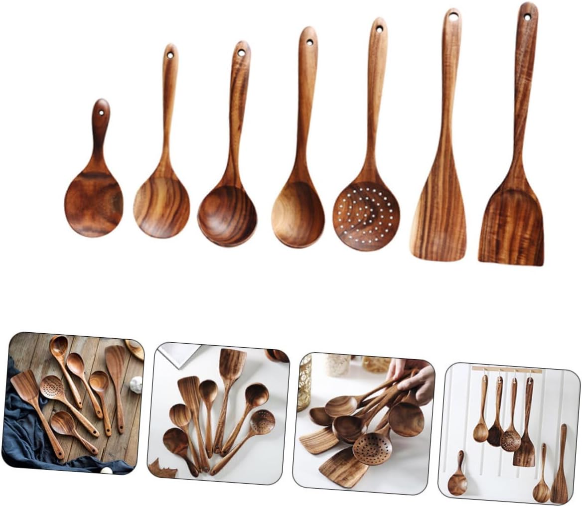 Generic 1Set Long Handle Wooden Cooking Spoon Kitchen Utensil Kit for Non Stick Cookware Multi Wood Spoons for Stirring Flipping and Serving