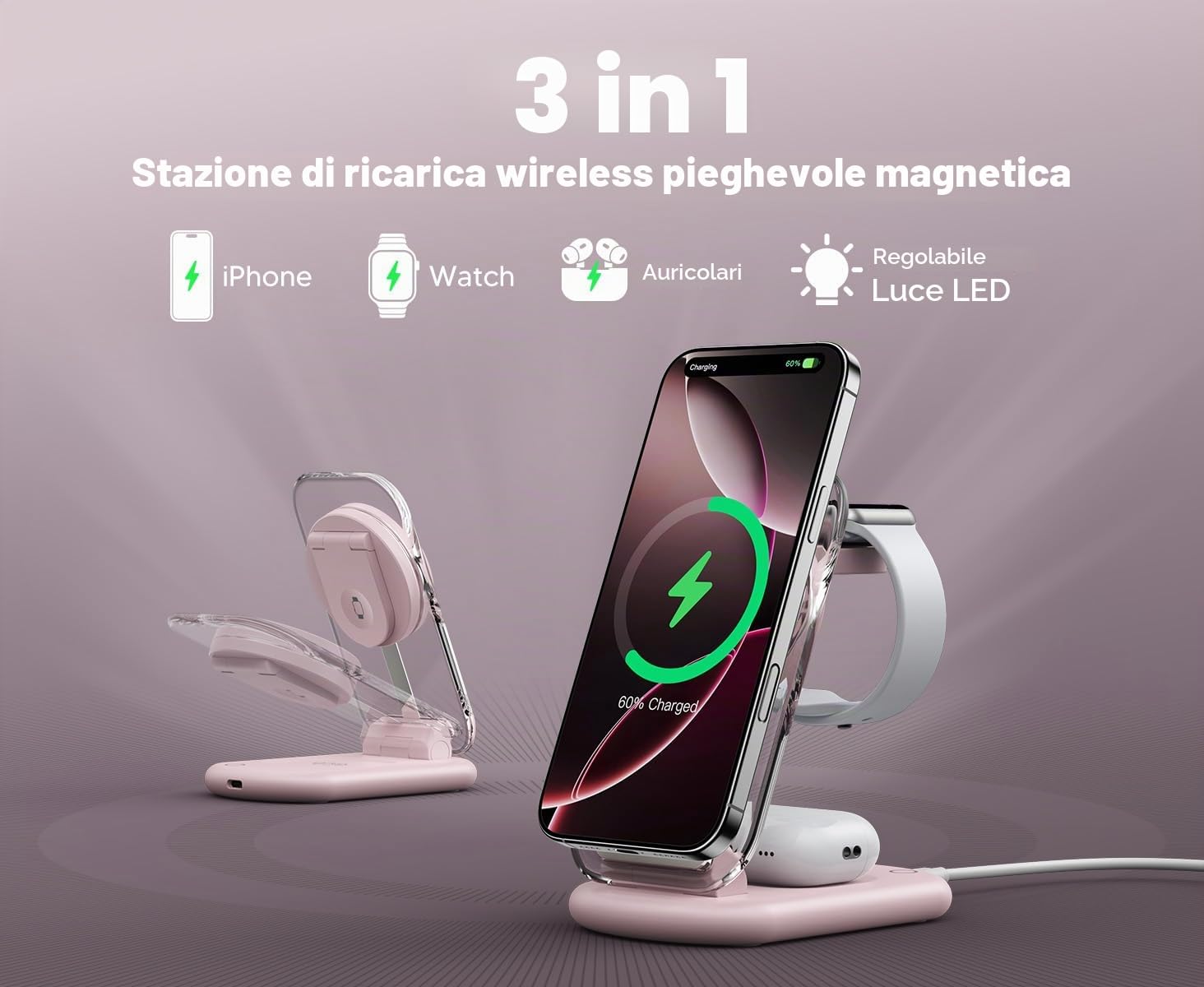 Mag Safe - Caricatore di ricarica e iPhone, 3 in 1, compatibile con iPhone 17, 16, 15, 14, 13, 12, Pro Max/Air/Plus/Pro, per Apple Watch 10/9, Airpods 3/2/Pro, pieghevole, colore: Rosa