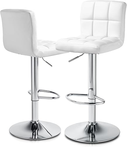 MoNiBloom Barstools Set of 2 Square PU Leather Adjustable Bar Stools with Back Counter Height Swivel Stool Barstools for Kitchen Counter White