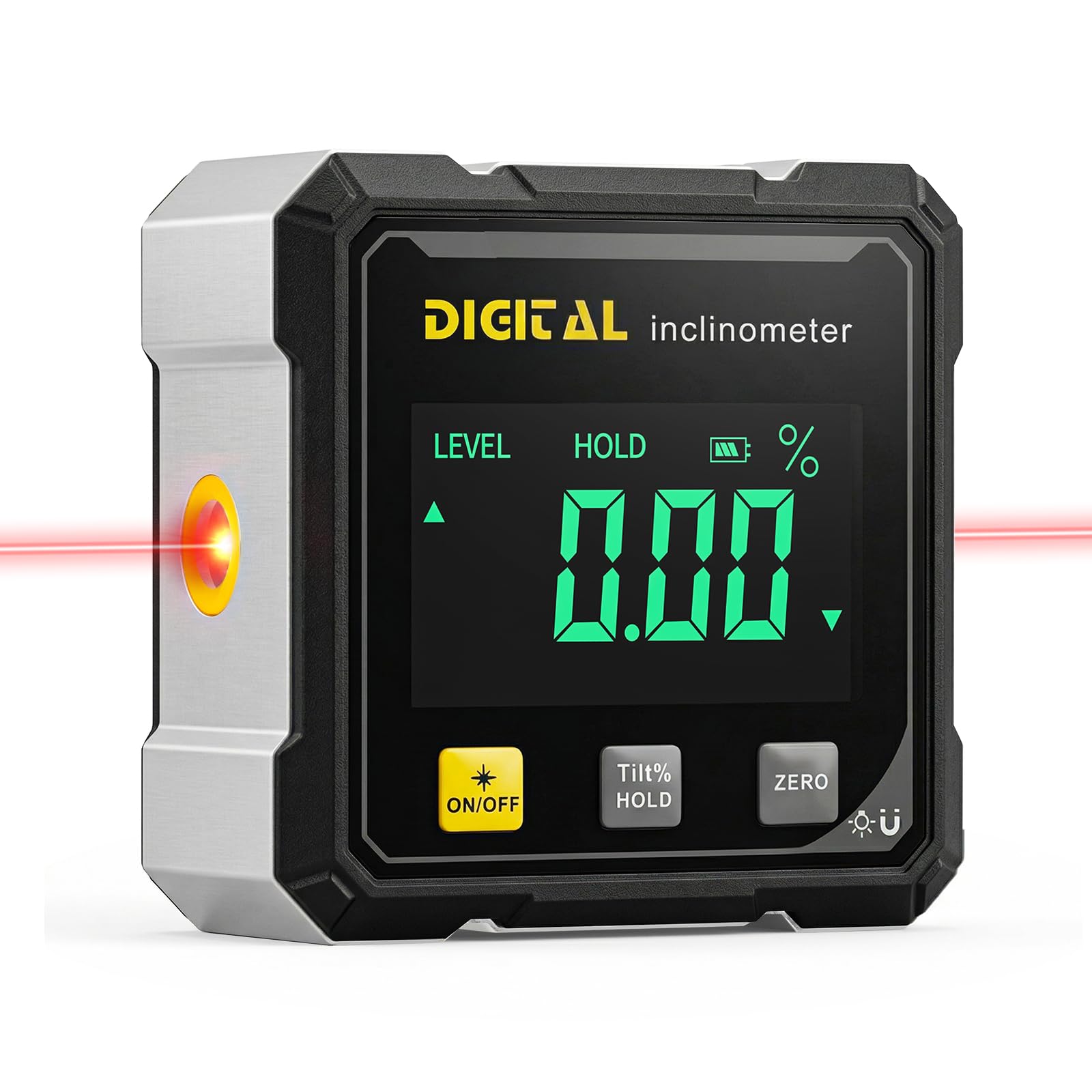 Digitaler Winkelmesser mit Laser, Neigungsmesser Digital, 4-Seitiges Digitaler Winkelmesser Magnetisch, LCD Display, IP54 Wasserdicht, ±0,1° Präzision Inklinometer für BAU, Maschinen, Dekoration