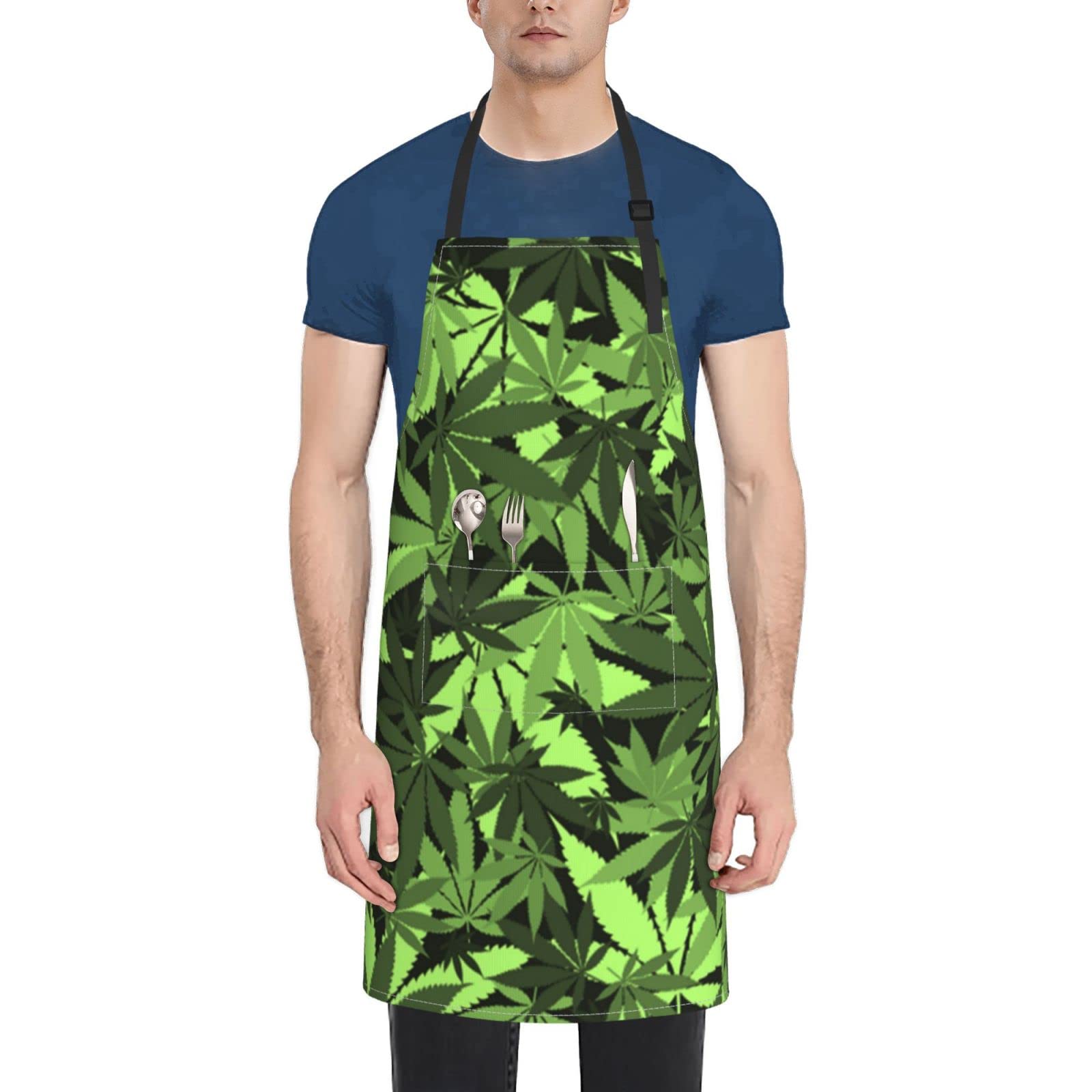 Anticsao Unisex Black Bib Apron With 2 Pockets Cannabis Leaf Weed Leaf Kitchen Cooking Chef Aprons For Bbq, Baking, Gardening