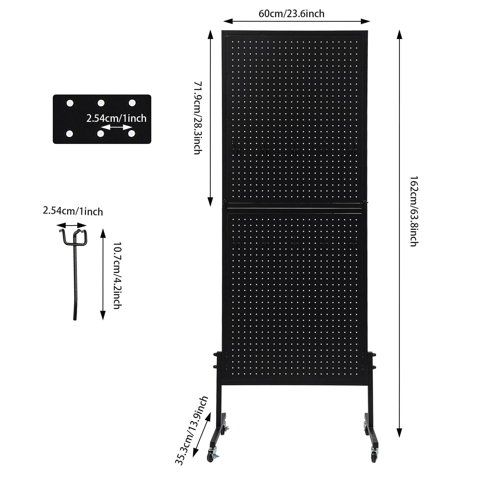 Cbhfmljd Double Pegboard Panels Tower with T-Base, Pegboard Shelf Retail Display Stand with Wheels Art Display Stand with 10 Hooks 66.14lbs Capacity for Handicraft Exhibitions, Retail Stores (Black)