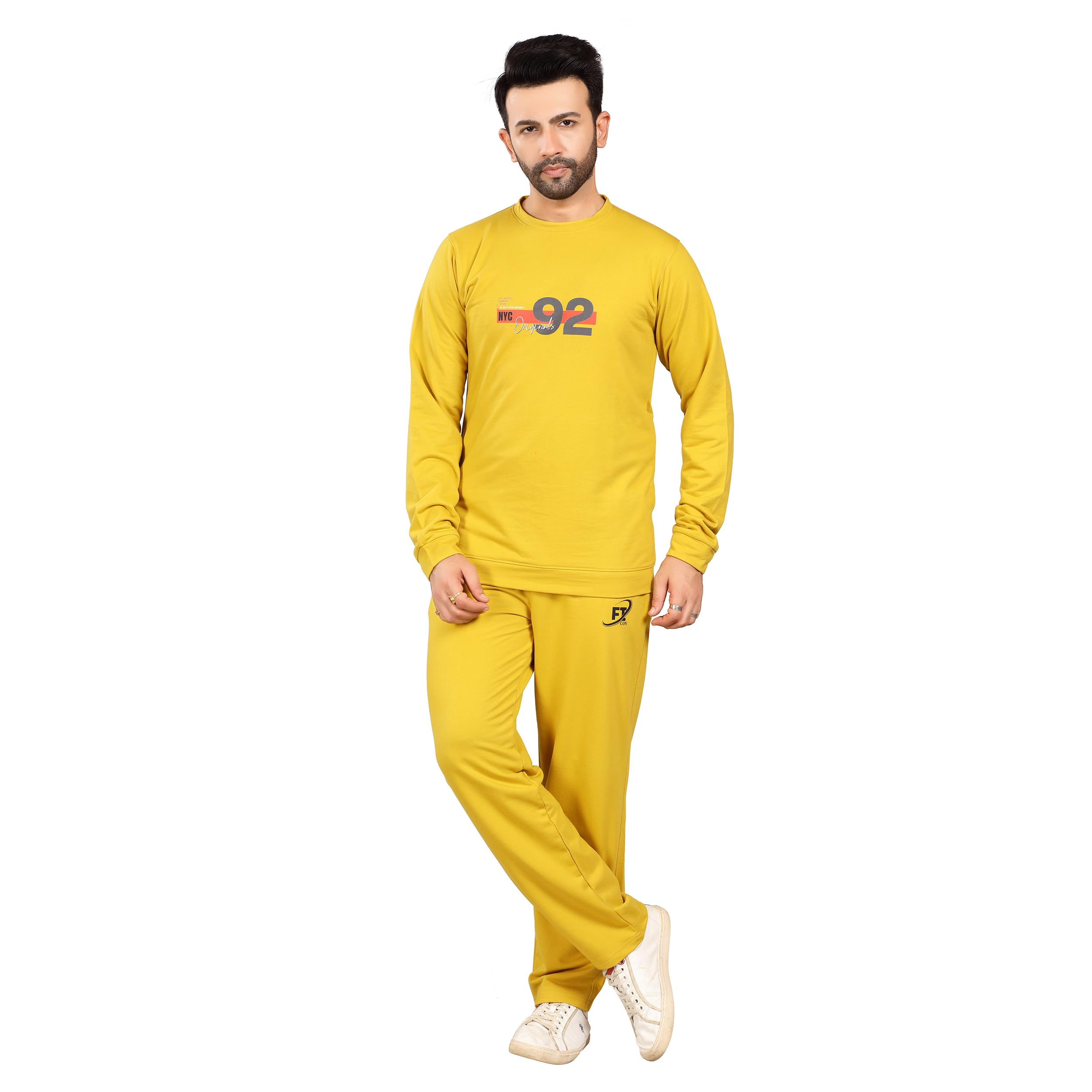 FICON Men's Cotton Tracksuit, Red Long Sleeve Sweatshirt and Jogger Pants Set, Casual Athletic Wear (IN, Alpha, M, Regular, YELLOW1)-image-40