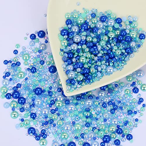 60G Cyan Blue Flat Back Pearls Rhinestones For Crafts Mixed Size 3Mm-10Mm Ab Color Round Half Pearls Flatback Pearl Beads And Resin Rhinestones Set For Face Art With Glue #TOP4