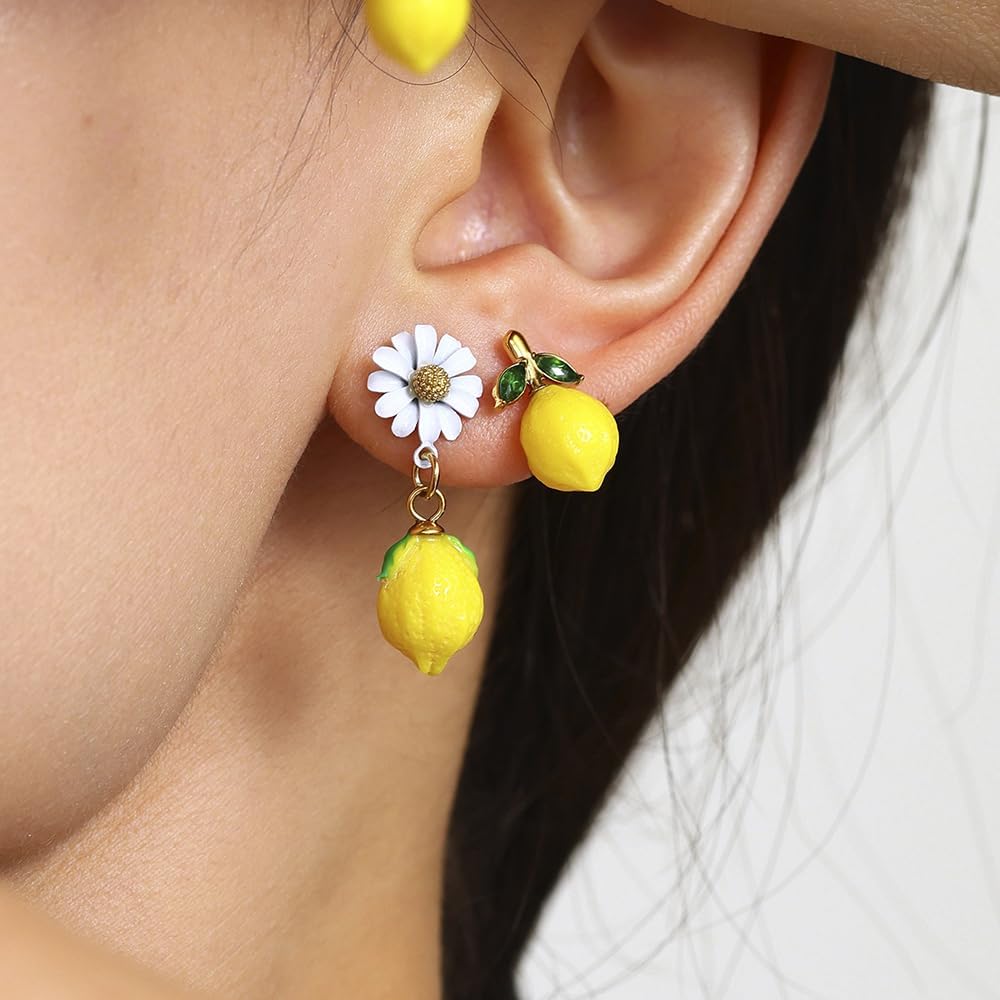 Cute Lemon Earrings for Women 14K Gold-Tone Plated Cubic Zirconia Daisy Flower Huggie Hoop Lightweight Dangle Drop Earring Stud Sweet Food Fruit Statement Summer Jewelry for Daughter Sister - Image 3