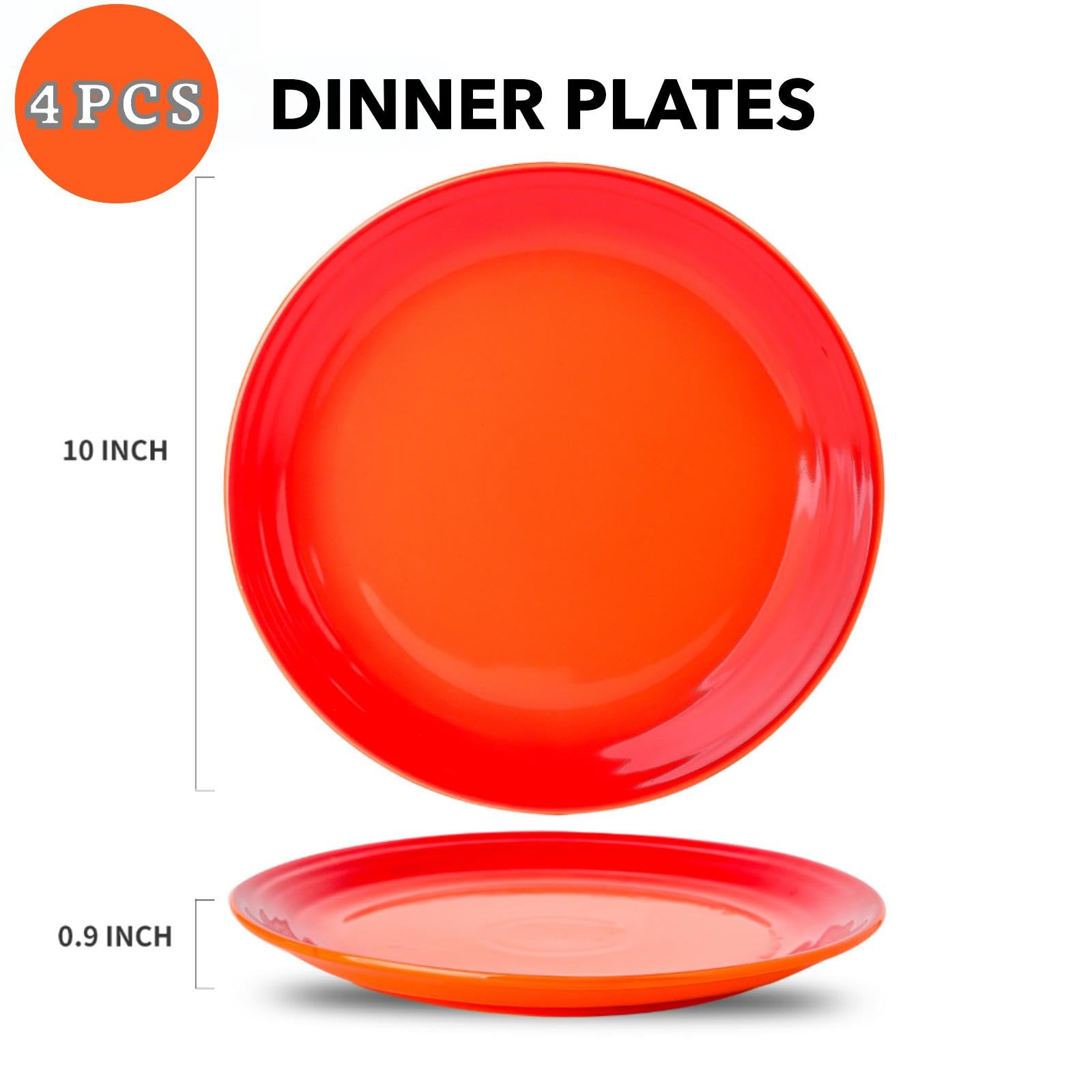 glowworm Juego de 4 platos llanos de porcelana de 10 pulgadas, platos de cocina para ensalada, filetes, pasta, microondas y lavavajillas, resistentes a los arañazos, color naranja