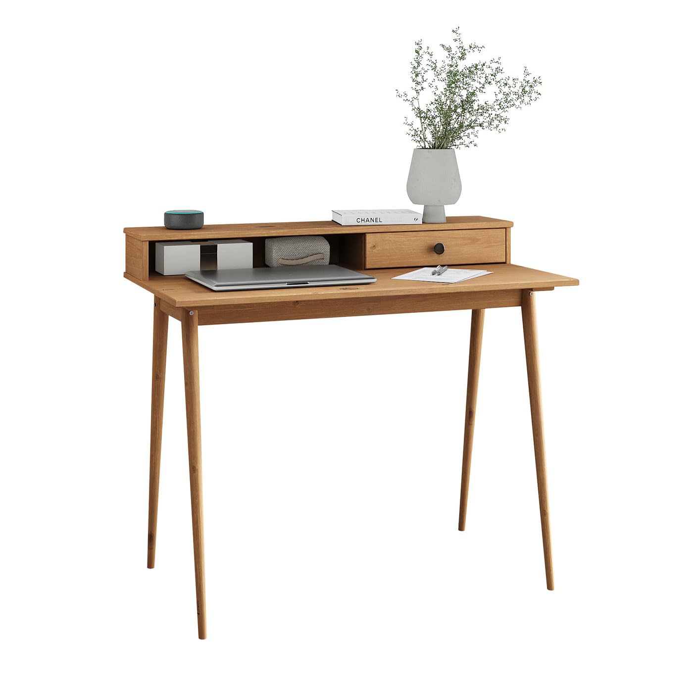 IDIMEX Schreibtisch Malina mit Aufsatz & Schublade aus Kiefer Massivholz, Eiche Farben- Bürotisch mit Stauraum & konischen Beinen, Stabiler PC-Tisch aus robusten Materialien