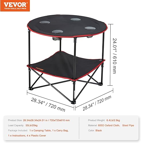 Miniatura 3 de VEVOR Mesa de campamento plegable, de tela Oxford portátil para exteriores, ultra compacta, plegable, ligera, con 4 portavasos y bolsa de