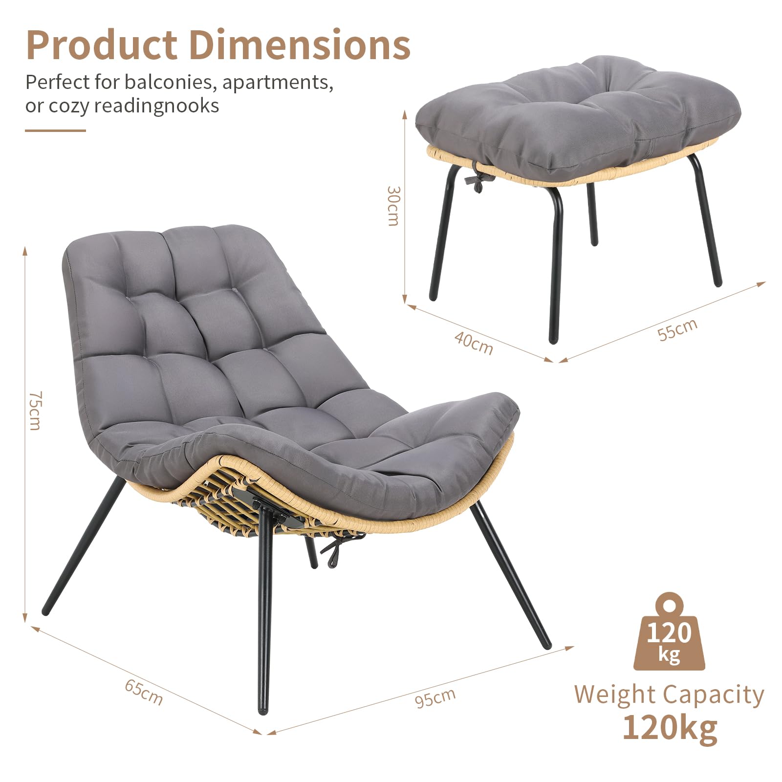 LIFERUN Gartenstuhl mit Hocker, Loungesessel Rattan, Gartensessel Wetterfest, bis 120 kg, Balkonsessel mit Abnehmbarem Kissen, Waterproof, für Garten Balkon Wohnzimmer Hof Schlafzimmer Terrasse, Grau
