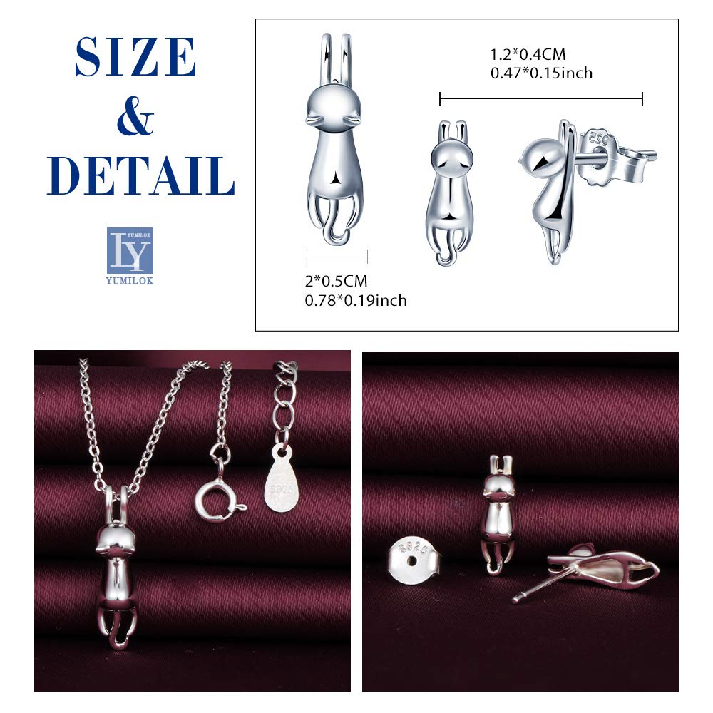 Yumilok Conjuntos de joyas de plata 925, lindo collar de gato, aretes únicos de gato, joyas elegantes para mujeres, regalos cumpleaños