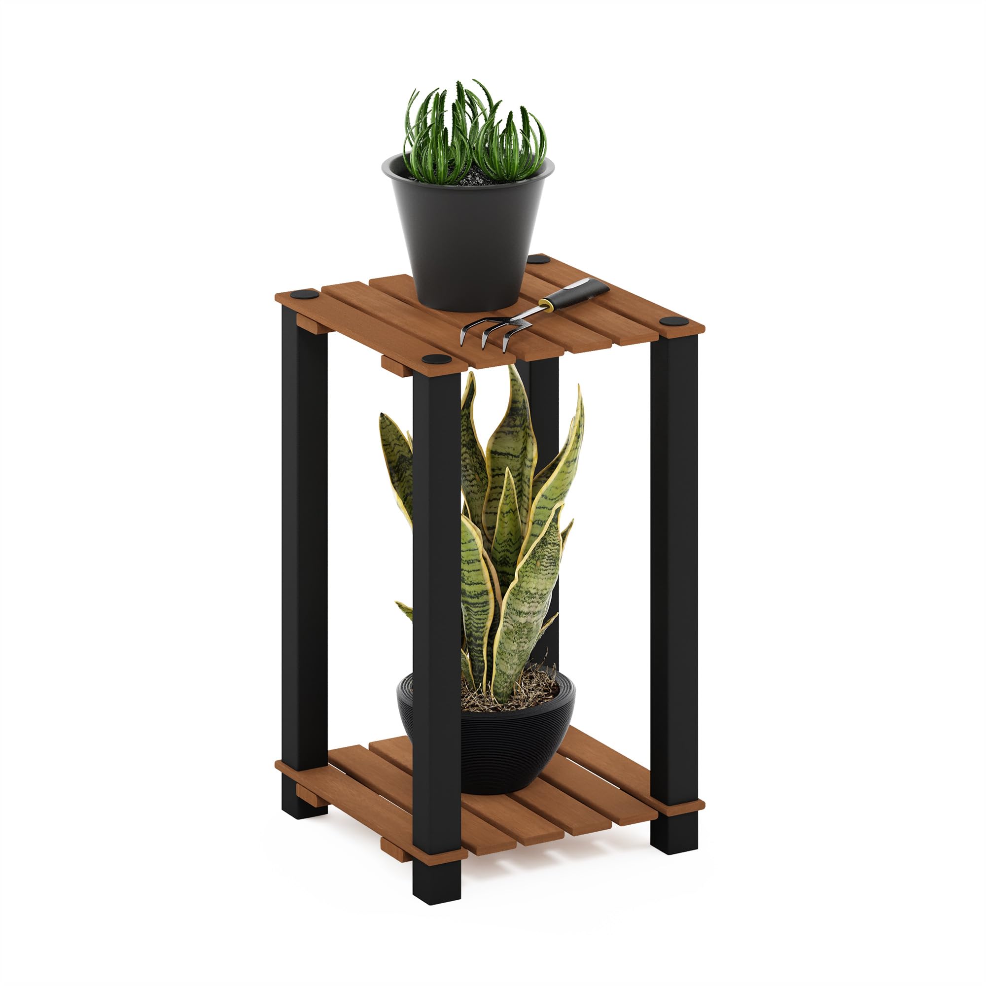 Furinno TURN-N-TUBE Plant Stand Indoor Outdoor, 2-Tier Plant Shelf, Side Table with Square Poles, for Patio, Garden, Living Room, Balcony, Natural