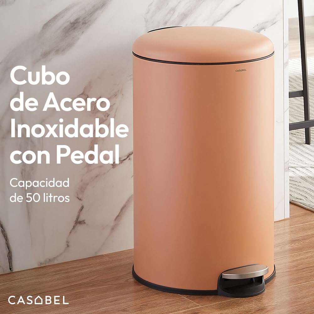 CASABEL Cubo de basura de cocina redondo 50L, acero inoxidable, terracota | Apertura con pedal, Cierre suave, Acero antihuellas, Aro de sujeción de bolsa, Asa de transporte, Fácil mantenimiento