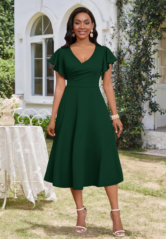 Image of MarryUP Women's Cocktail Midi Dress Elegant V Neck Ruffle Short Sleeve Wrap Wedding Guest Semi Formal A Line Dress