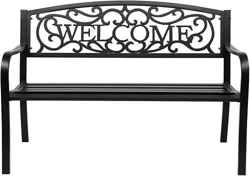 VINGLI Banco de exterior para patio, banco de jardín de metal con patrón de respaldo de PVC, banco de acero negro para exteriores, banco de