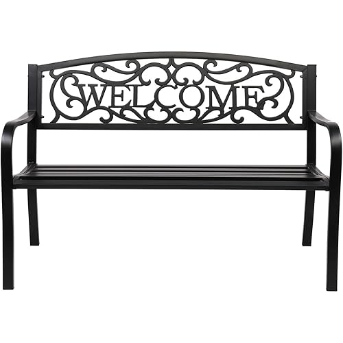 VINGLI 50" Patio Outdoor Metal Welcome Bench,Powder Coated Cast Iron Steel for Garden Path Yard Lawn Work Entryway Decor Deck, Black
