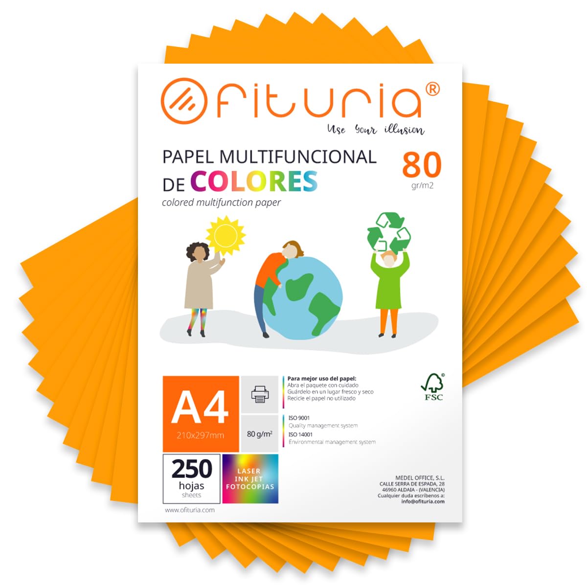 Coloured Sheets, Pack 250 Sheets A4 80 g – Coloured Paper for Crafts, Printer, Scrapbooking – Folios Colours – Ideal Origami, Papiroflexia, Office and School (Light Orange, 250h)