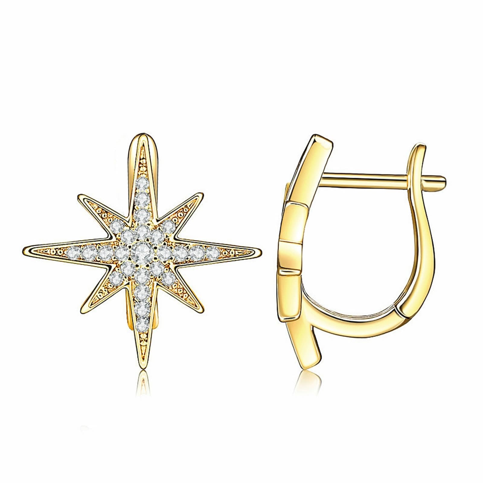 AMDXD Pendientes de oro blanco 585 de 14 quilates, estrella de aro con diamante, pendientes de oro Au585 para mujer, pequeños joyas de oro auténtico