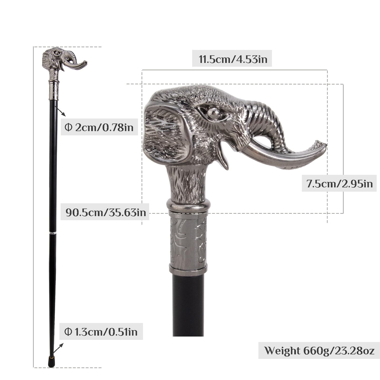 Bastón con Empuñadura de Elefante Plateado para Personas Mayores | Plegable, punta de goma antideslizante, uso diario, viaje, agarre cómodo, acero resistente, ligero, plateado
