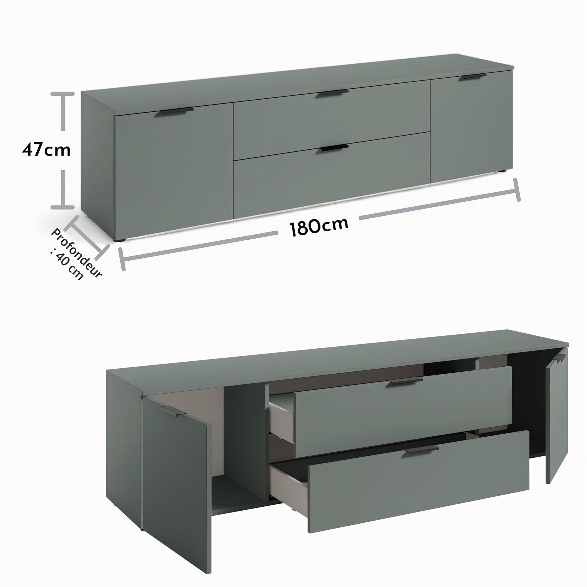 LINZ Meuble TV Bas, Couleur Sauge, Meuble TV Moderne, avec tiroirs et Beaucoup d'espace de Rangement, 180 x 47 x 40 cm (l x H x P)