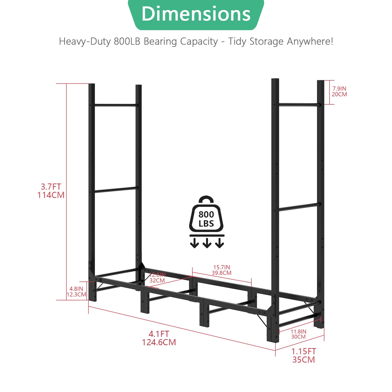 Helios&Hestia Scaffale per legna da ardere da esterno da 1,24 m, porta legna in acciaio resistente, organizer per pile di legno da interni, supporto regolabile, 124 x 35 x 115 cm, nero