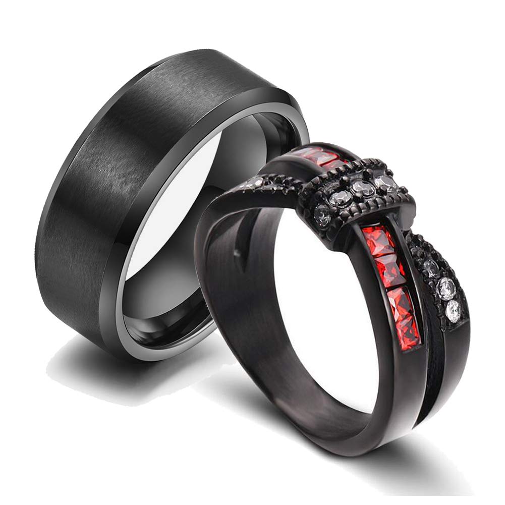 Gy JewelryGy Jewelry Two Rings His and Hers Wedding Ring Sets Couples Rings Women's Black Gold Plated Red Agate Cubic Zirconia Wedding Engagement Ring Bridal Sets & Men's Stainless Steel Wedding Band