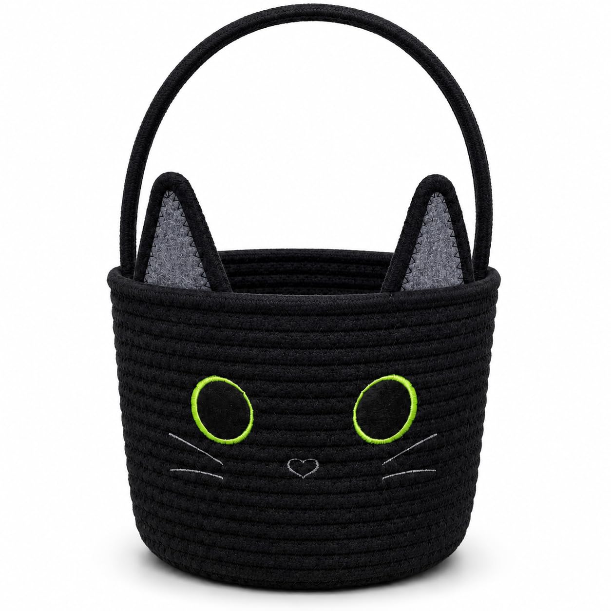 Black Cat Halloween Basket for Kids, Trick or Treat Bucket, Green Eyes