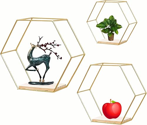 ZUIDSYI Estantes flotantes hexagonales montados en la pared, estante dorado con marco de metal con estantes de almacenamiento de piso de pared,