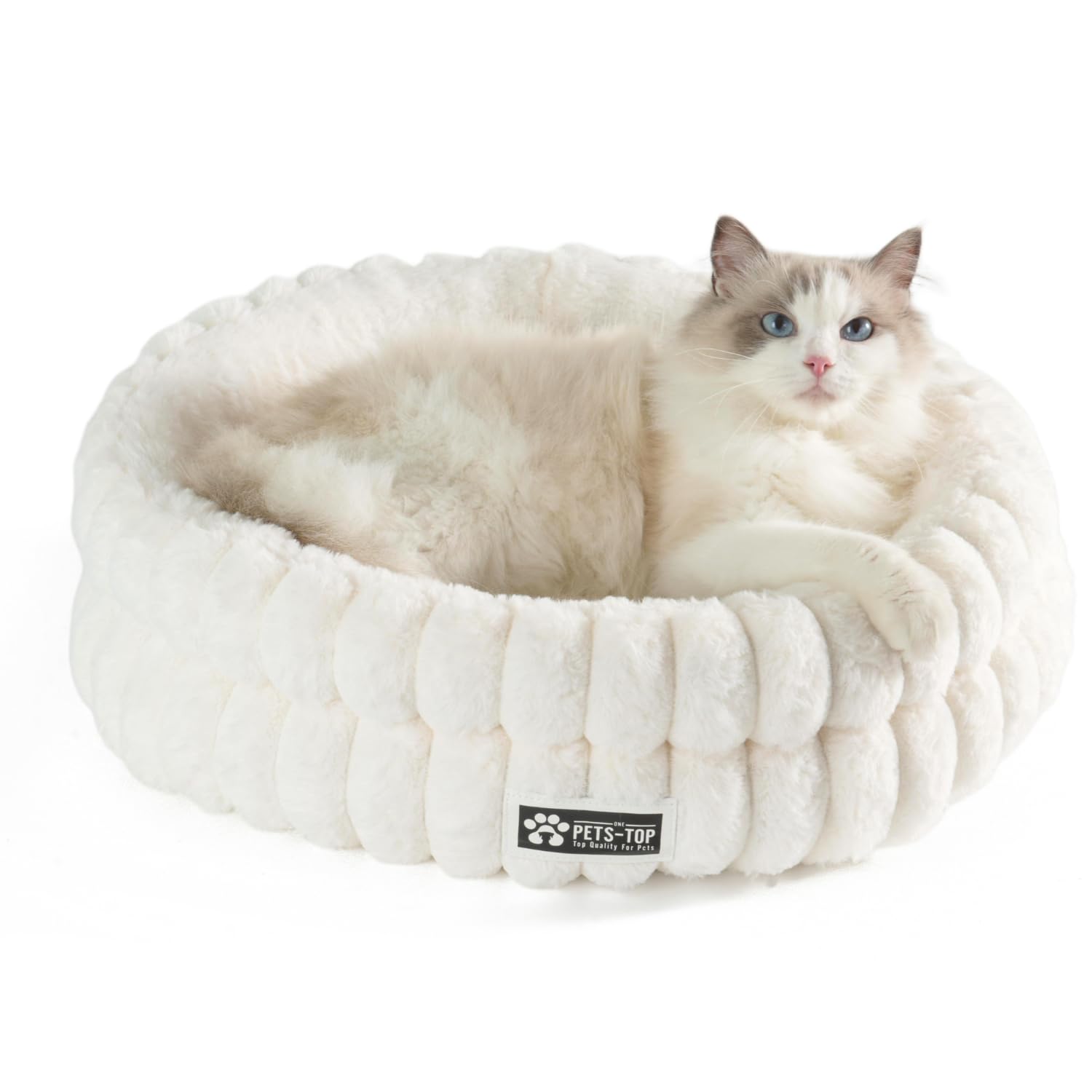 One PETS-TOP Katzenbett Flauschig – Katzenkissen Rund Weich – Cat Bed Waschbar – Schlafplatz für Katze & Kleine Hunde – rutschfest (Weiß, 50cm)
