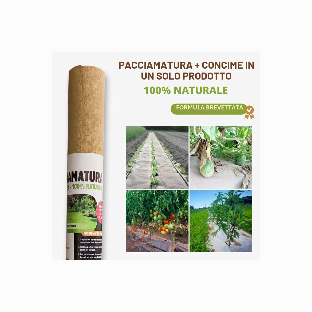 Tela per pacciamatura agricola, 0,4 x 100 m, autobiodegradabile 2 in 1, fertilizzante e anti erbe, 100% cellulosa