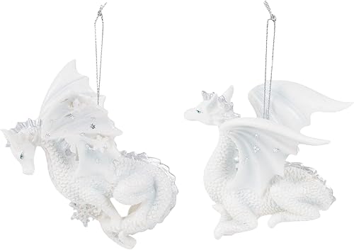 Miniatura 4 de Kurt Adler - Juego de 2 adornos de dragón de copo de nieve plateado y blanco, 4.5 pulgadas