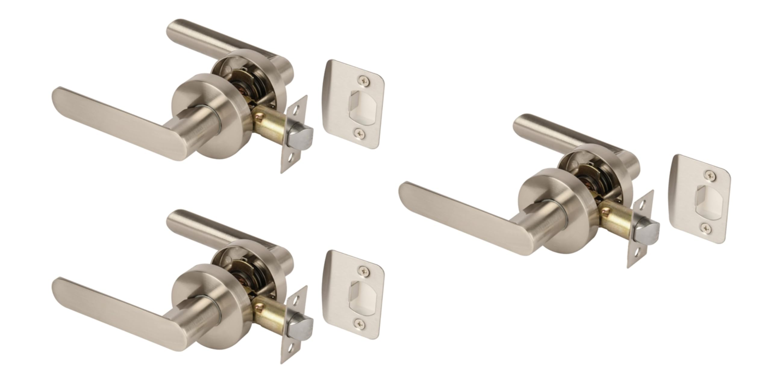 Hunta Satin Nickel Handlezone® 3 Sets Mantara Passage Leverset, Non-Locking Interior Door Lever Set, Adjustable 60-70Mm Latch –
